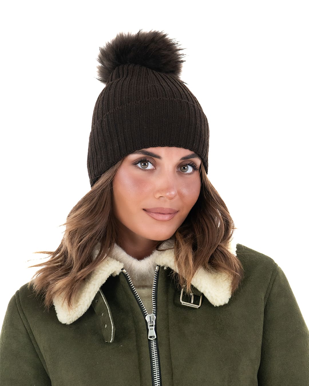 DAISY Cappello donna in lana marrone con pompon in pelliccia
