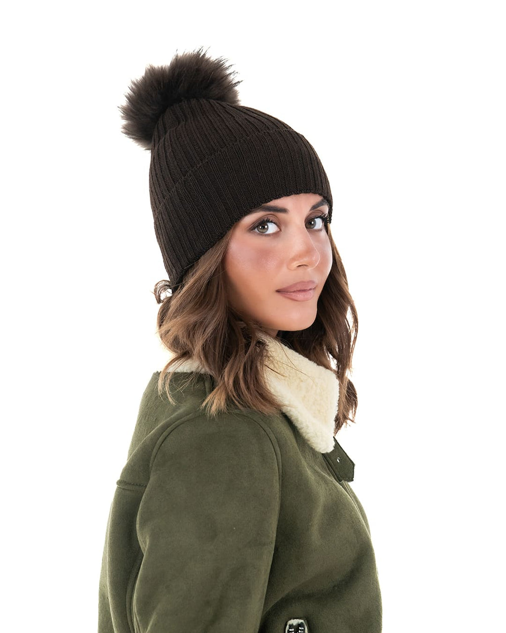 DAISY Cappello donna in lana marrone con pompon in pelliccia