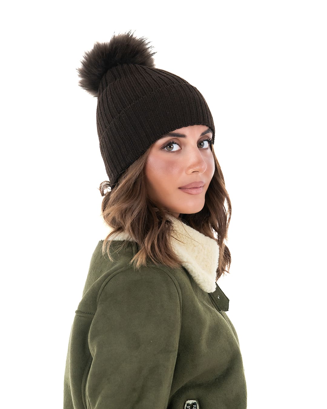 DAISY Cappello donna in lana marrone con pompon in pelliccia