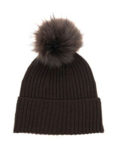 DAISY Cappello donna in lana marrone con pompon in pelliccia