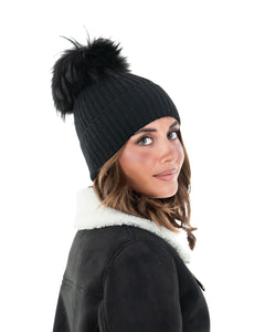 DAISY Cappello donna in lana nero con pompon in pelliccia