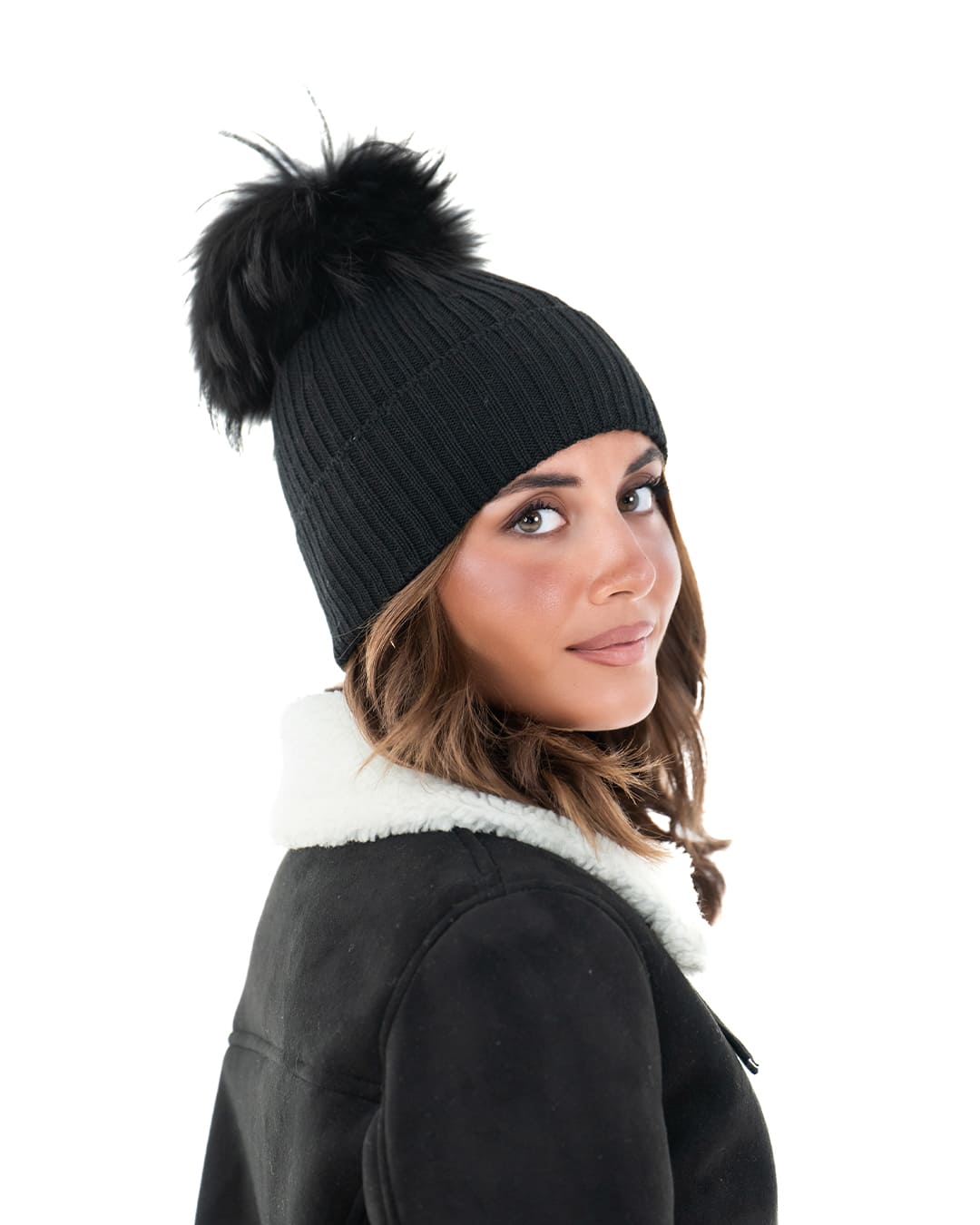 DAISY Cappello donna in lana nero con pompon in pelliccia