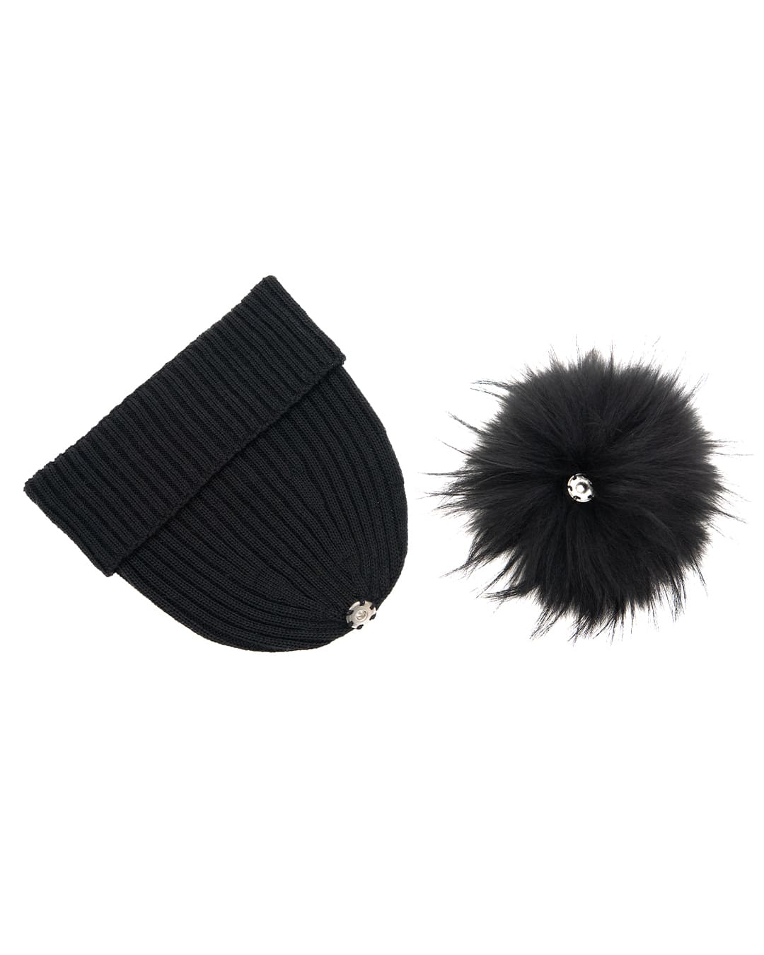 DAISY Cappello donna in lana nero con pompon in pelliccia