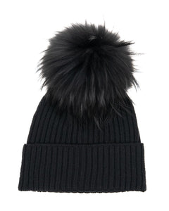 DAISY Cappello donna in lana nero con pompon in pelliccia