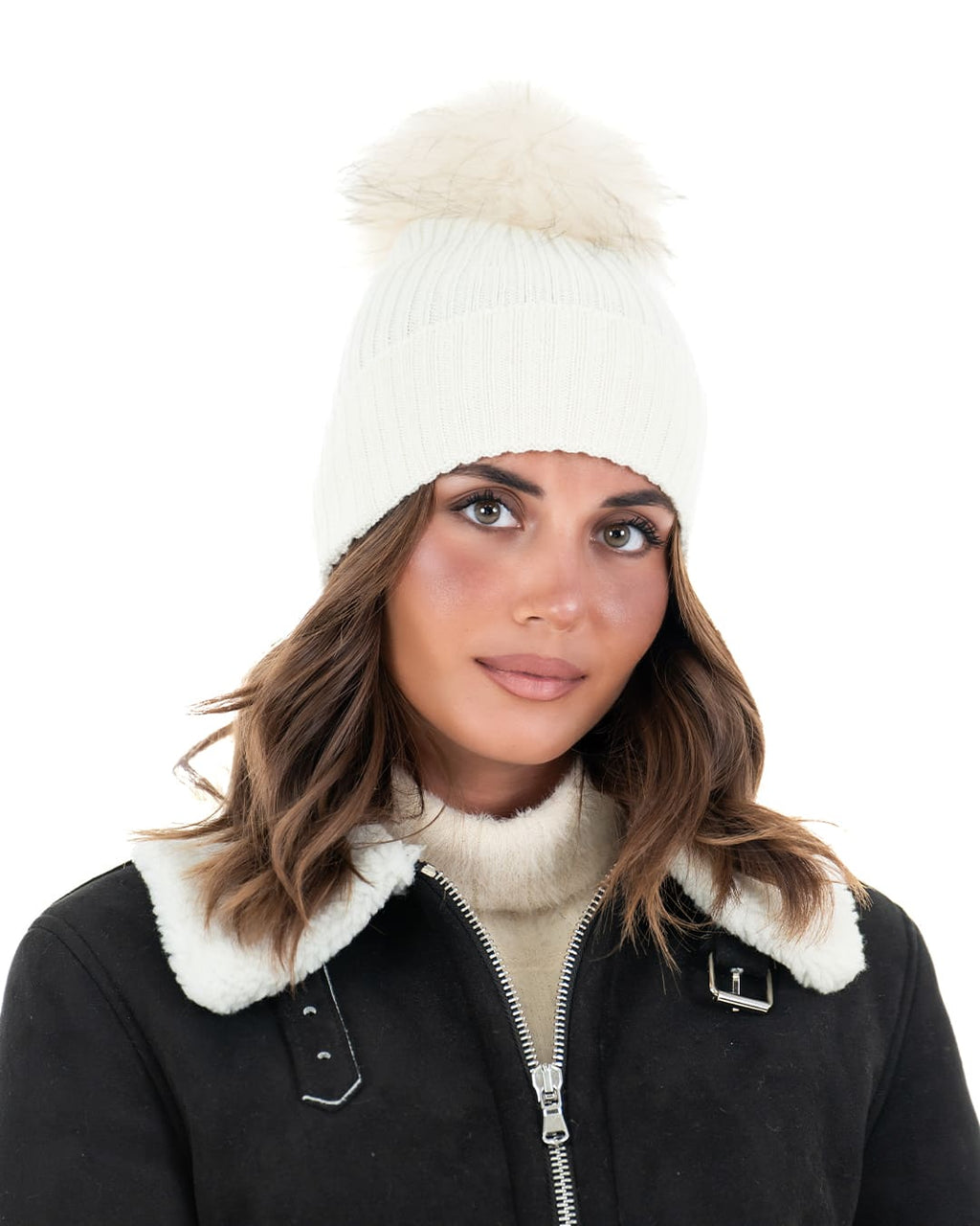 DAISY Cappello donna in lana panna con pompon in pelliccia