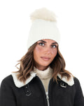 DAISY Cappello donna in lana panna con pompon in pelliccia