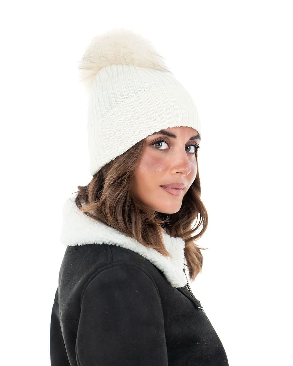 DAISY Cappello donna in lana panna con pompon in pelliccia