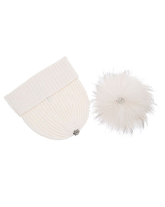 DAISY Cappello donna in lana panna con pompon in pelliccia