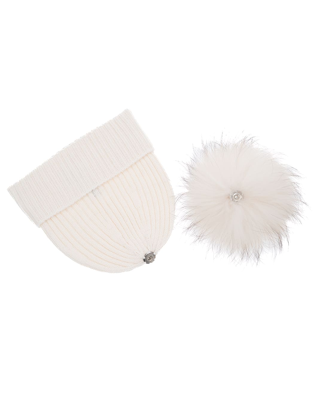 DAISY Cappello donna in lana panna con pompon in pelliccia