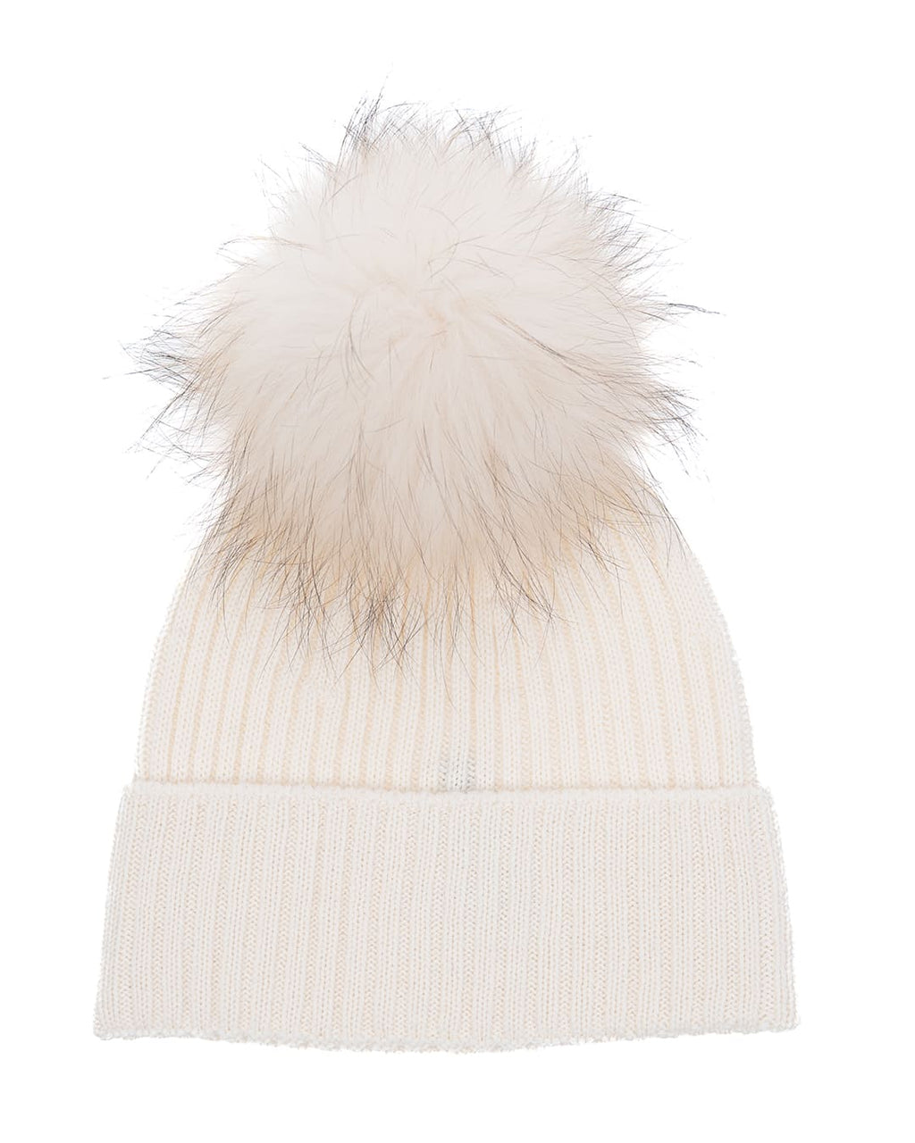 DAISY Cappello donna in lana panna con pompon in pelliccia