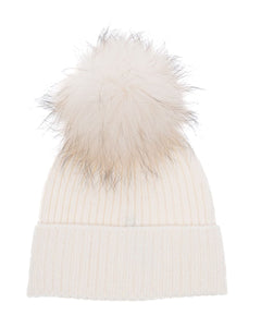 DAISY Cappello donna in lana panna con pompon in pelliccia