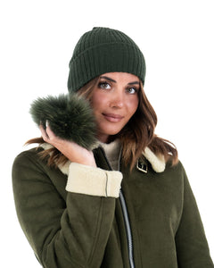 DAISY Cappello donna in lana verde con pompon in pelliccia