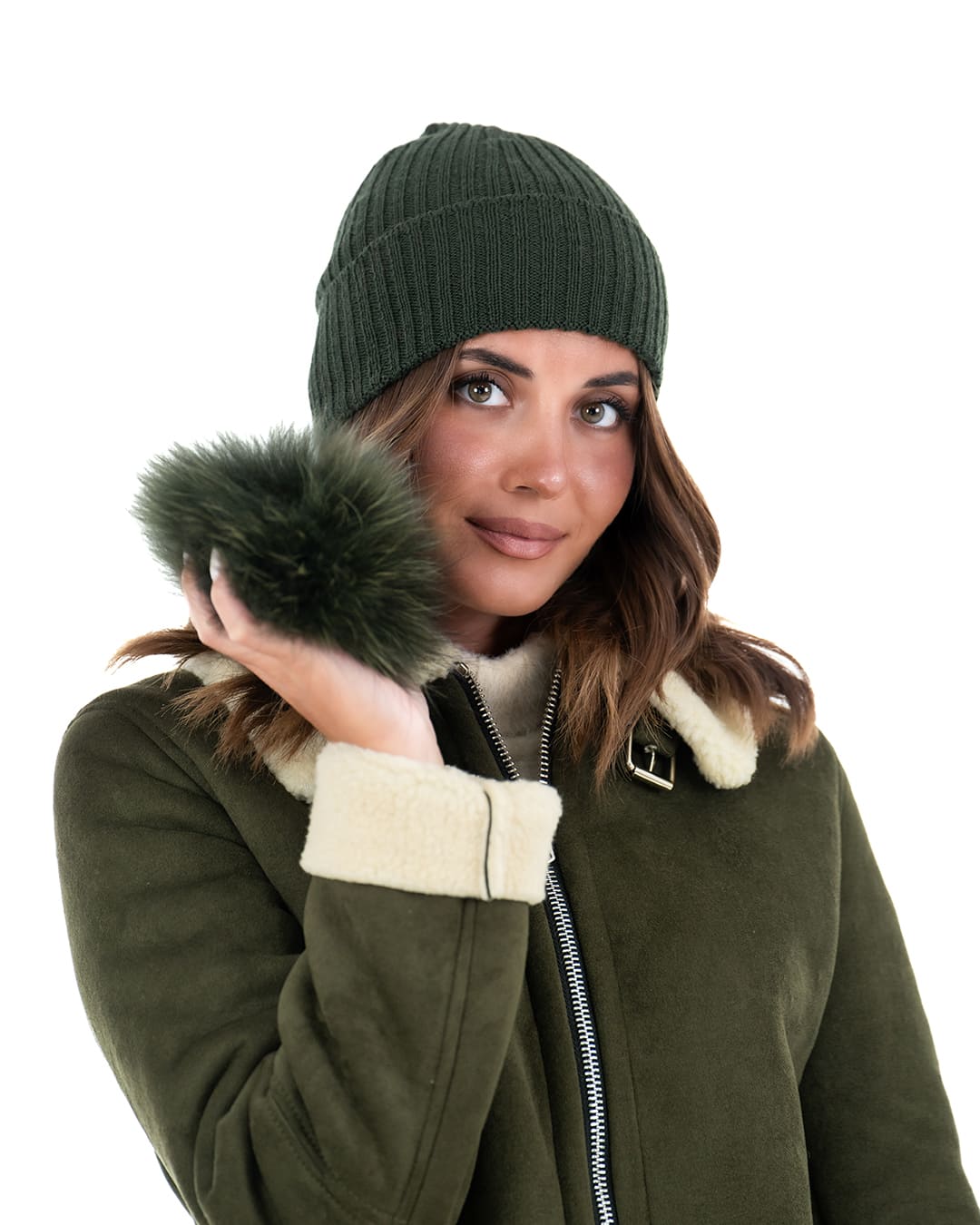DAISY Cappello donna in lana verde con pompon in pelliccia
