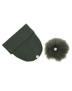 DAISY Cappello donna in lana verde con pompon in pelliccia