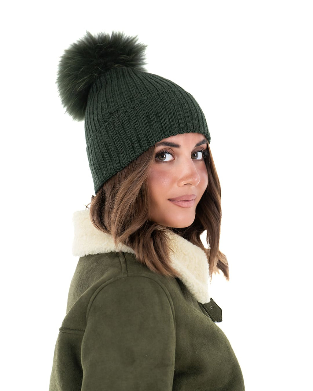 DAISY Cappello donna in lana verde con pompon in pelliccia