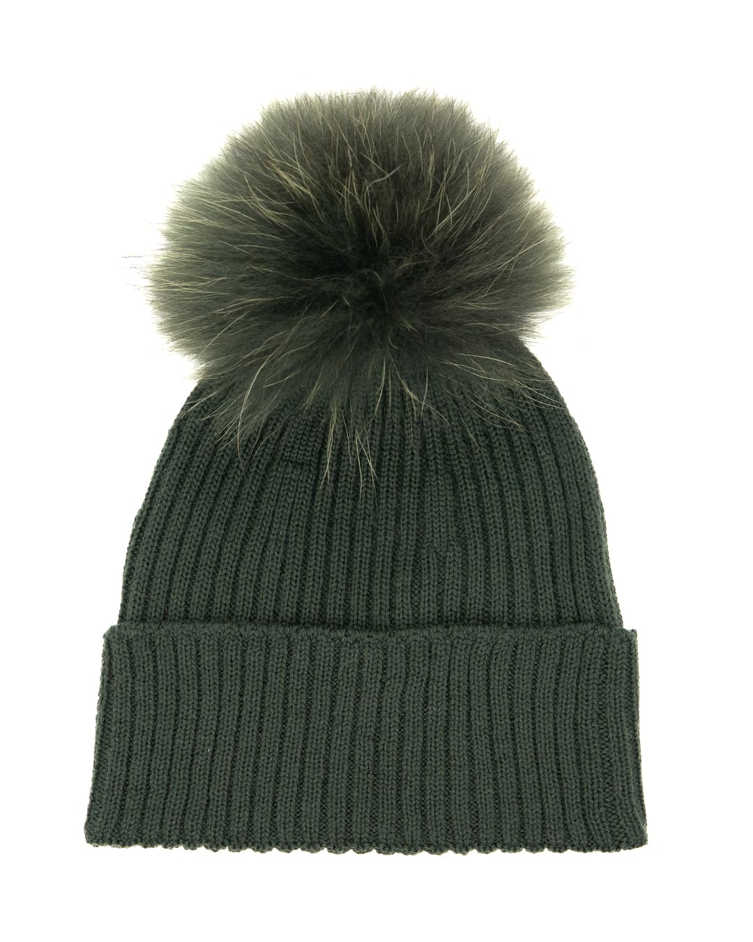 DAISY Cappello donna in lana verde con pompon in pelliccia