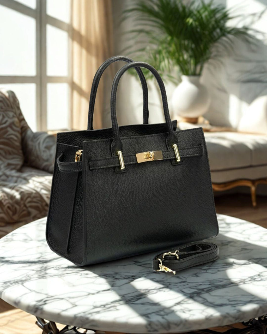 CELINE Borsa a mano in vera pelle martellata colore nero con tracolla