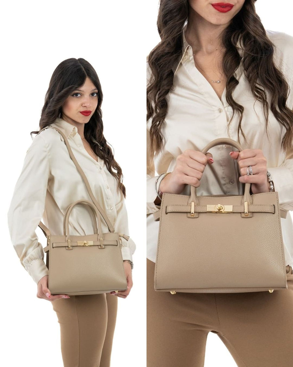 CELINE Borsa a mano in vera pelle martellata colore taupe con tracolla