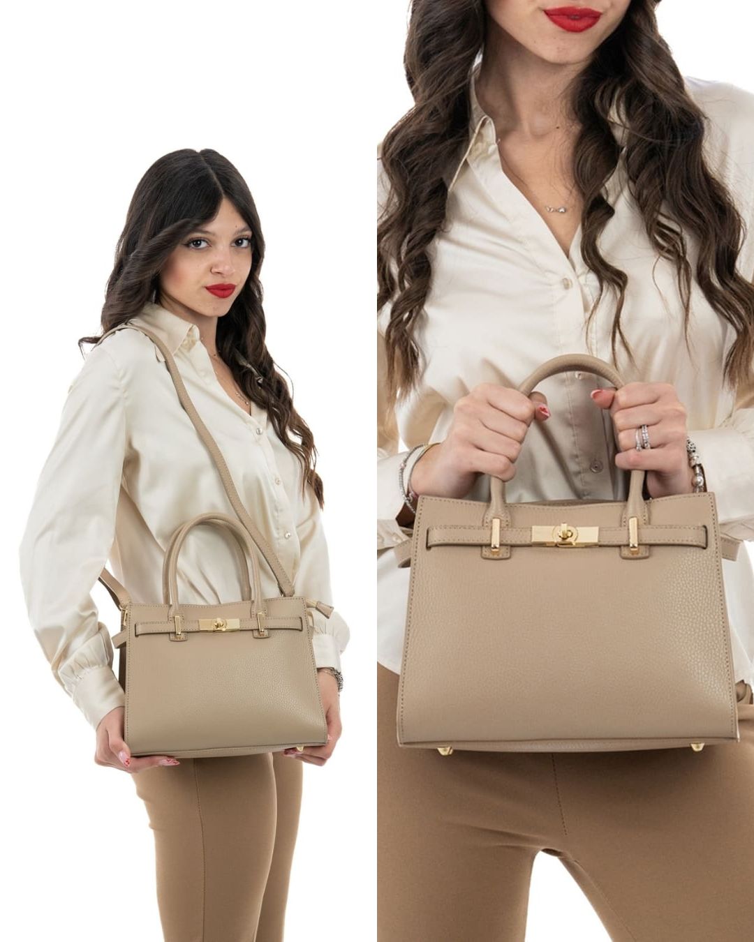 CELINE Borsa a mano in vera pelle martellata colore taupe con tracolla