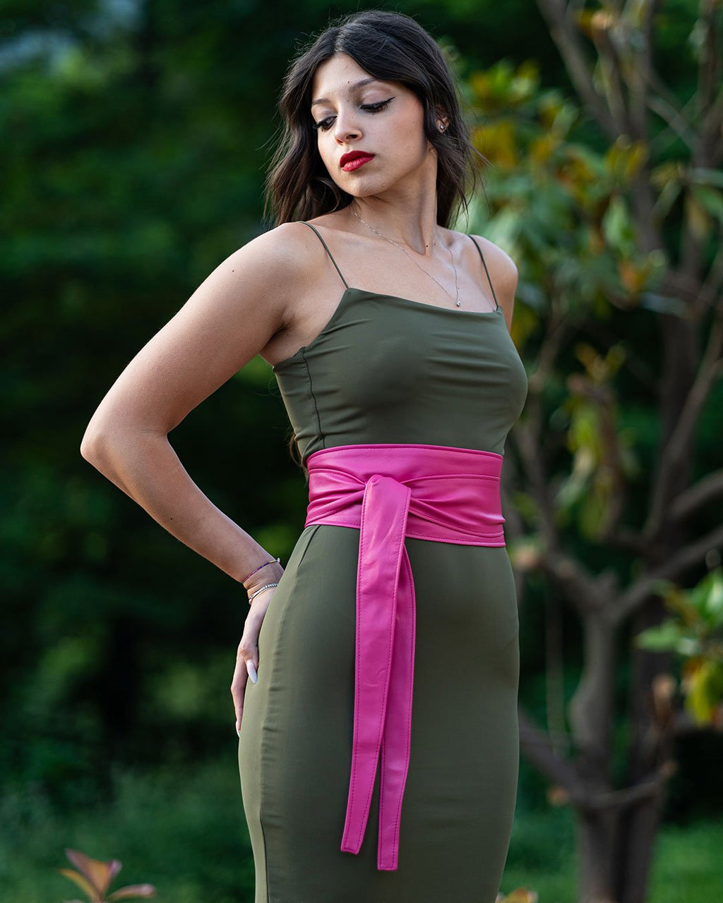 GEMINI Cintura Obi Fusciacca da donna in vera pelle fucsia