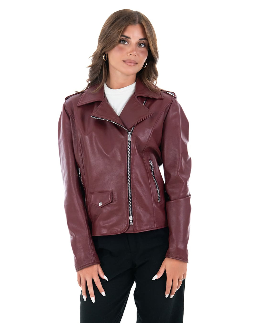 GEORGIA Giacca Chiodo da donna in vera pelle bordeaux