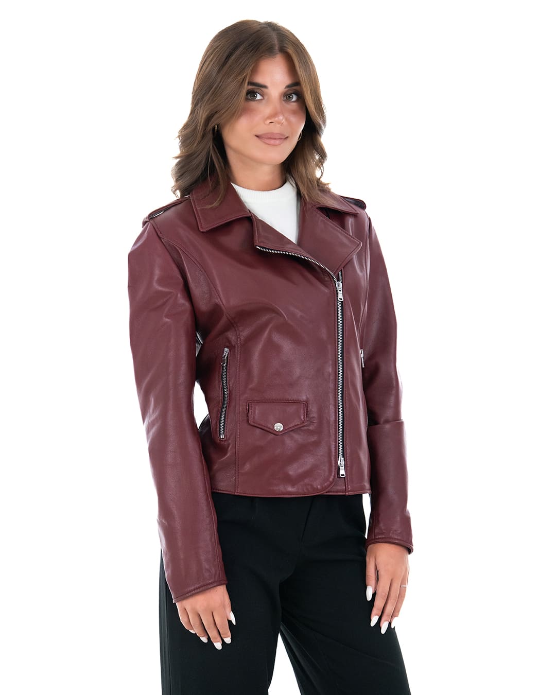 GEORGIA Giacca Chiodo da donna in vera pelle bordeaux