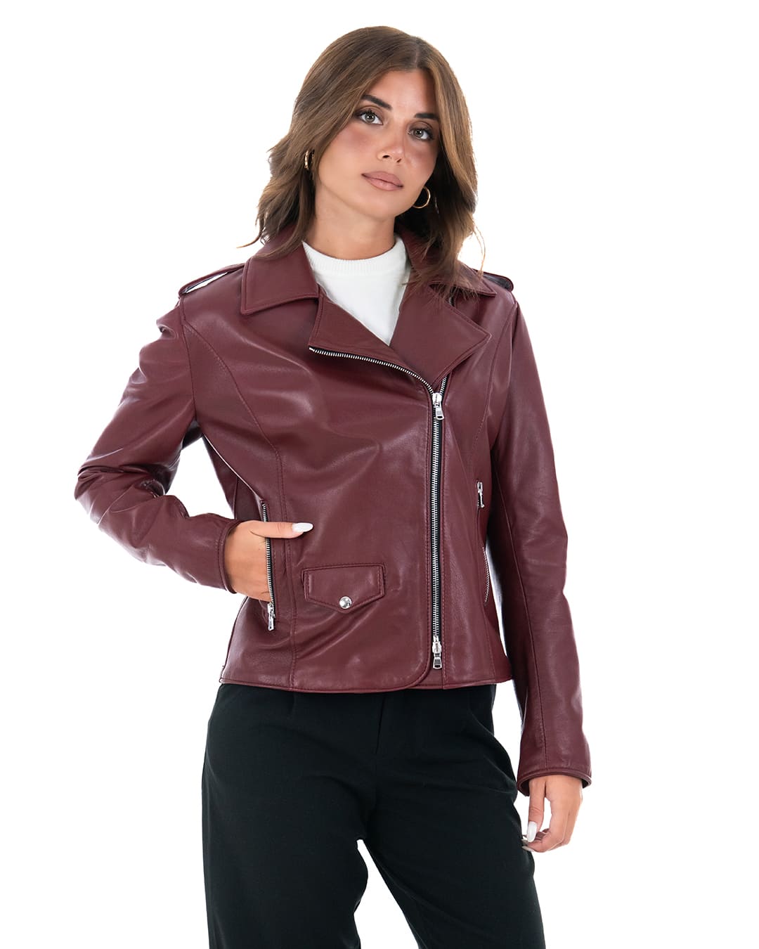 GEORGIA Giacca Chiodo da donna in vera pelle bordeaux