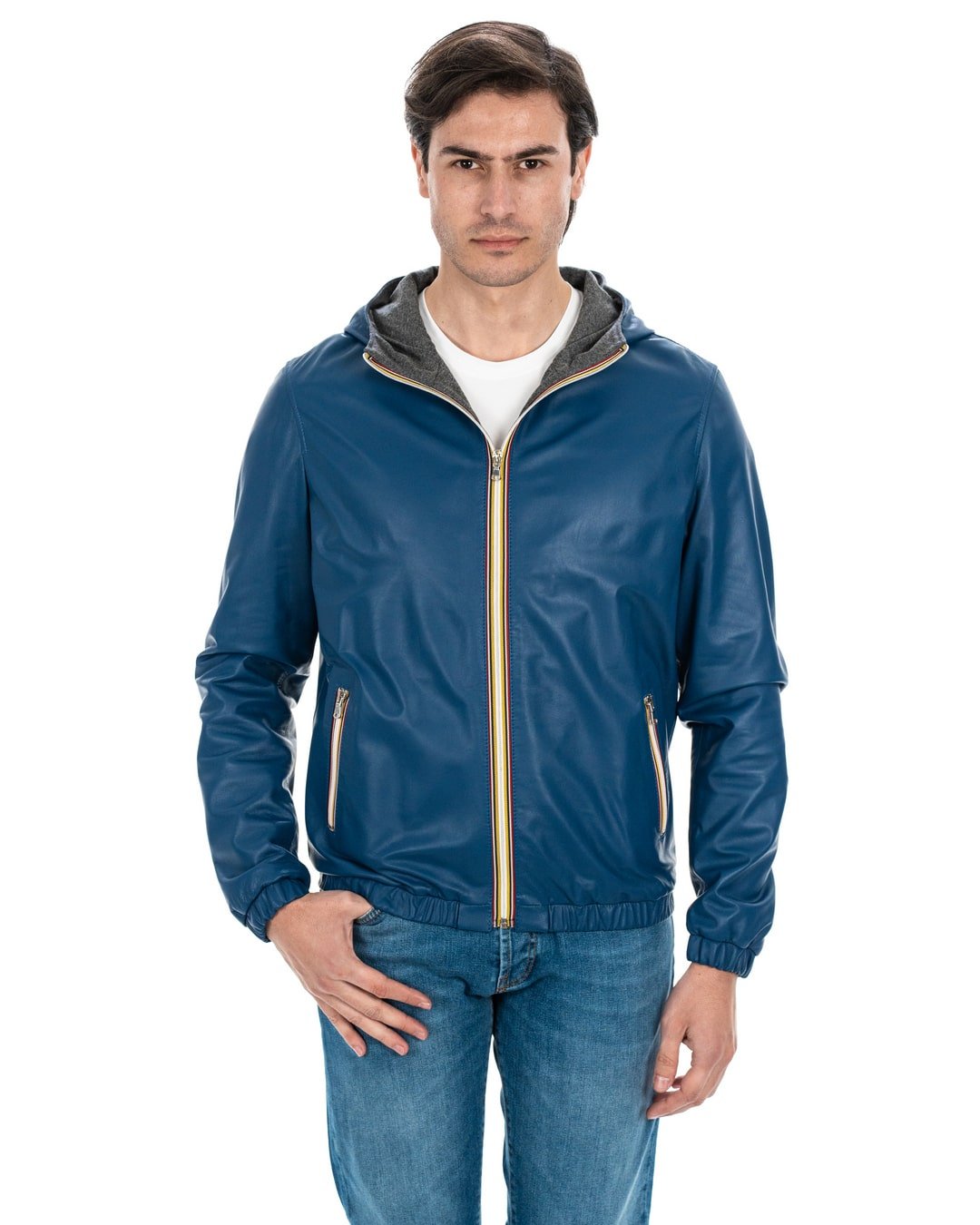 Giubbotto Bomber stile K-WAY con cappuccio da uomo in vera pelle blu