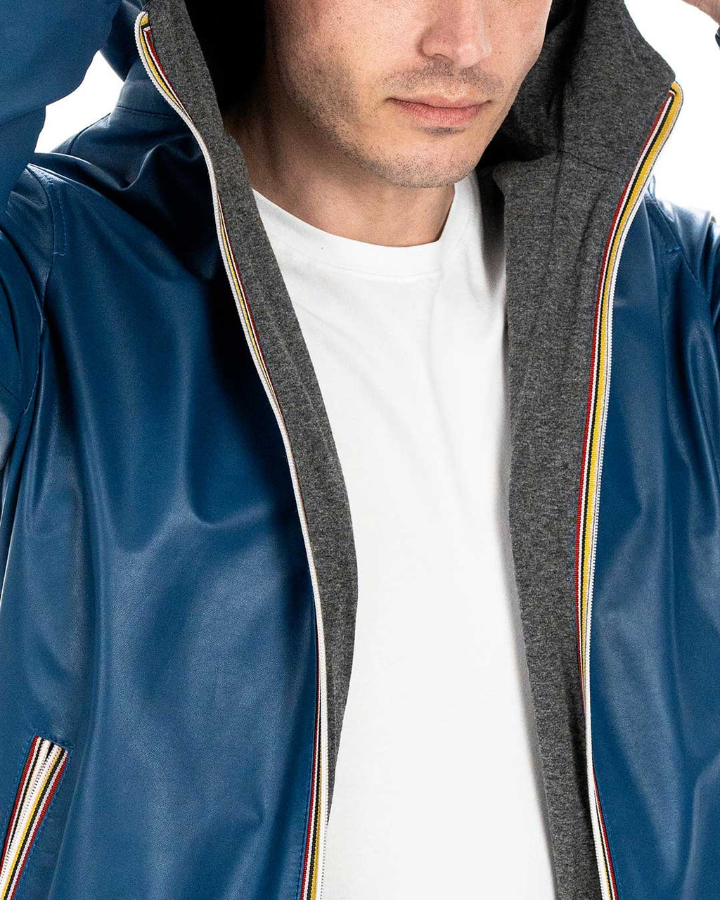 ERIC Giubbotto Bomber stile K-WAY con cappuccio da uomo in vera pelle blu