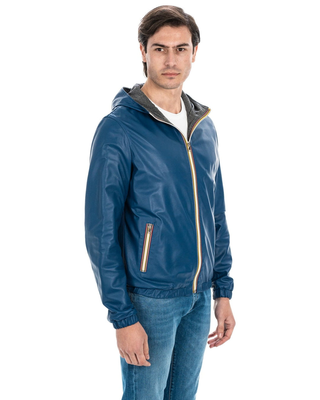 ERIC Giubbotto Bomber stile K-WAY con cappuccio da uomo in vera pelle blu
