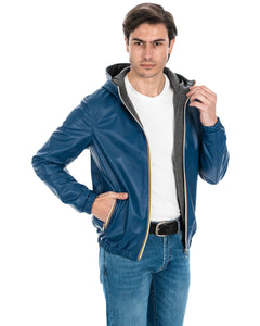 ERIC Giubbotto Bomber stile K-WAY con cappuccio da uomo in vera pelle blu