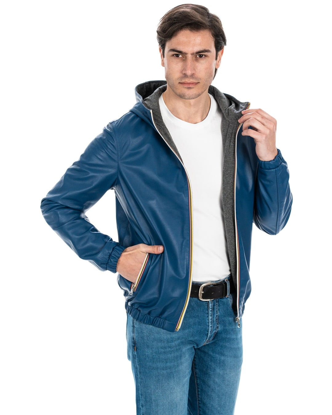ERIC Giubbotto Bomber stile K-WAY con cappuccio da uomo in vera pelle blu