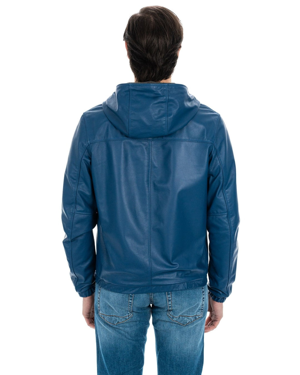 ERIC Giubbotto Bomber stile K-WAY con cappuccio da uomo in vera pelle blu