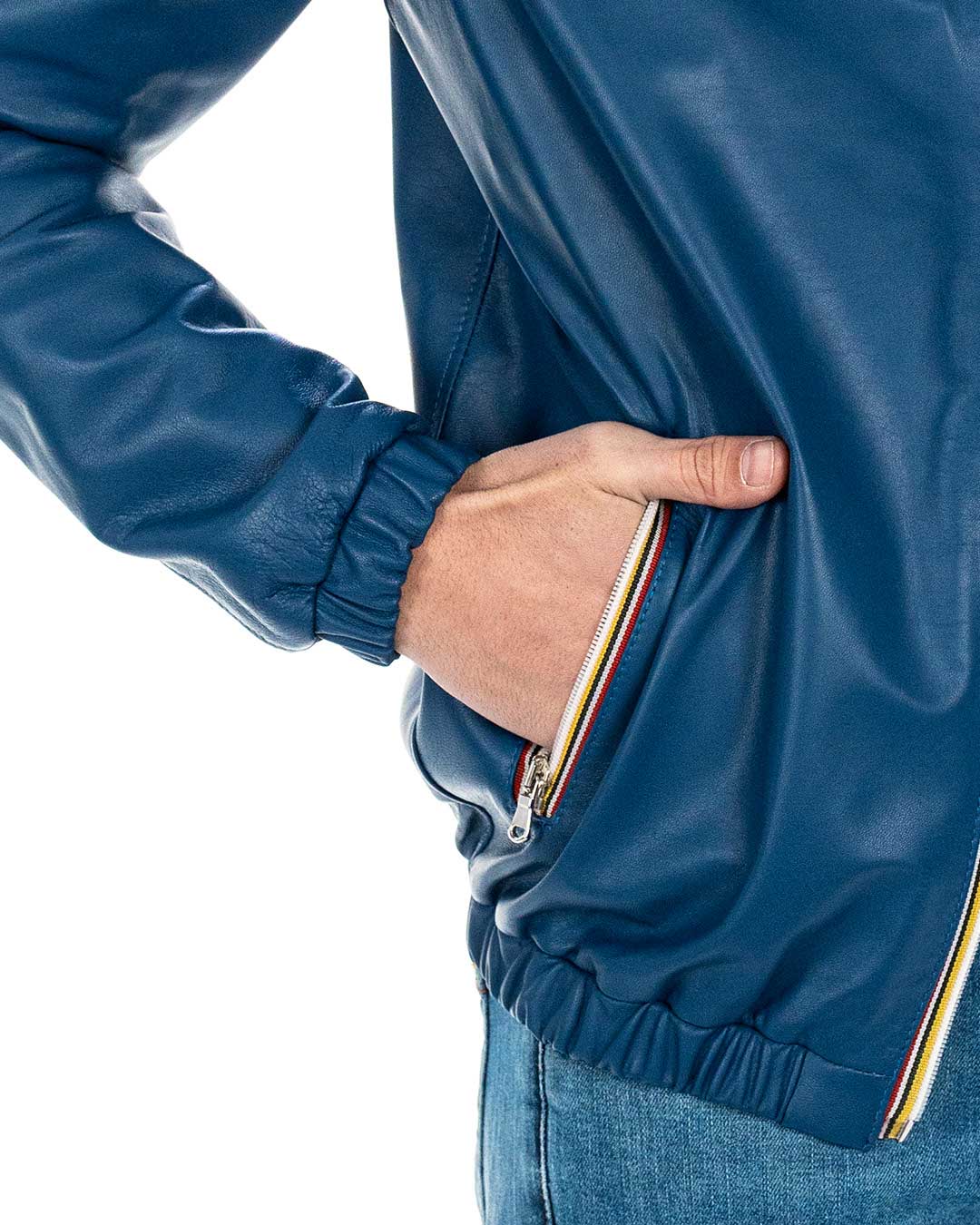 ERIC Giubbotto Bomber stile K-WAY con cappuccio da uomo in vera pelle blu