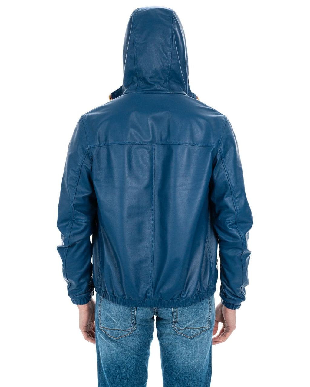 ERIC Giubbotto Bomber stile K-WAY con cappuccio da uomo in vera pelle blu