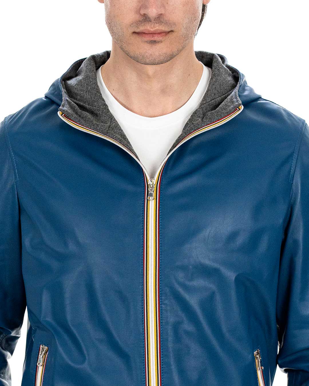 ERIC Giubbotto Bomber stile K-WAY con cappuccio da uomo in vera pelle blu
