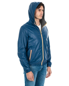 ERIC Giubbotto Bomber stile K-WAY con cappuccio da uomo in vera pelle blu
