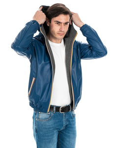 ERIC Giubbotto Bomber stile K-WAY con cappuccio da uomo in vera pelle blu