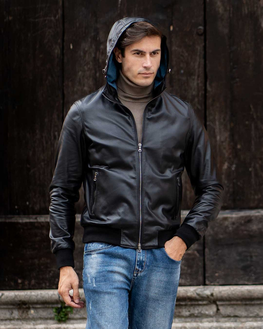 JOHN Giubbotto Bomber con cappuccio da uomo in vera pelle nero