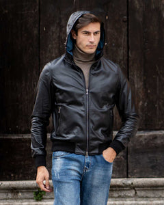 JOHN Giubbotto Bomber con cappuccio da uomo in vera pelle nero
