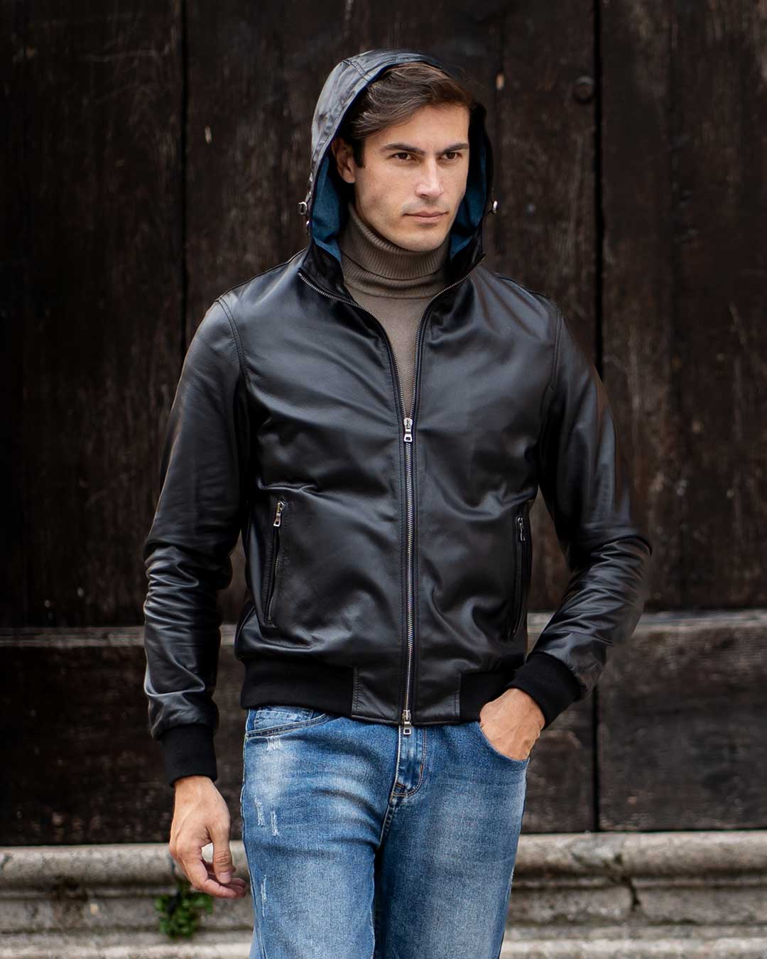 JOHN Giubbotto Bomber con cappuccio da uomo in vera pelle nero