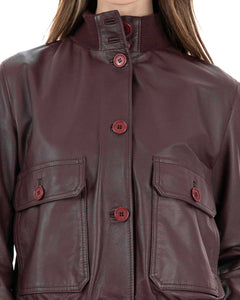 SARAH Bomber con bottoni da donna in vera pelle bordeaux