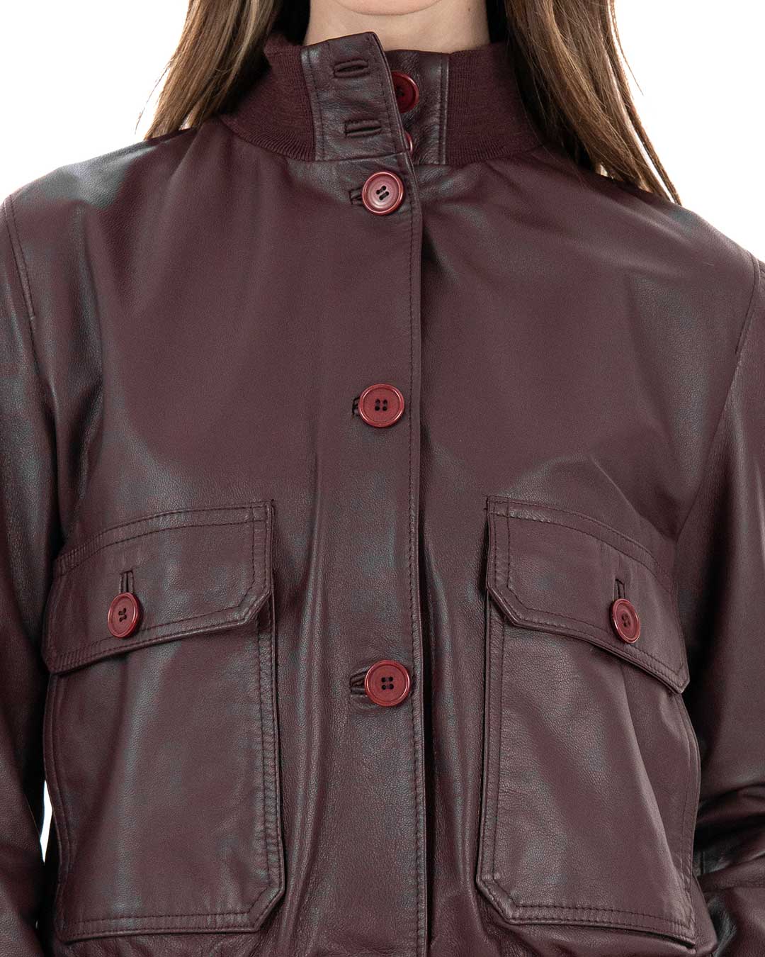 SARAH Bomber con bottoni da donna in vera pelle bordeaux