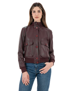 Bomber con bottoni da donna in vera pelle bordeaux