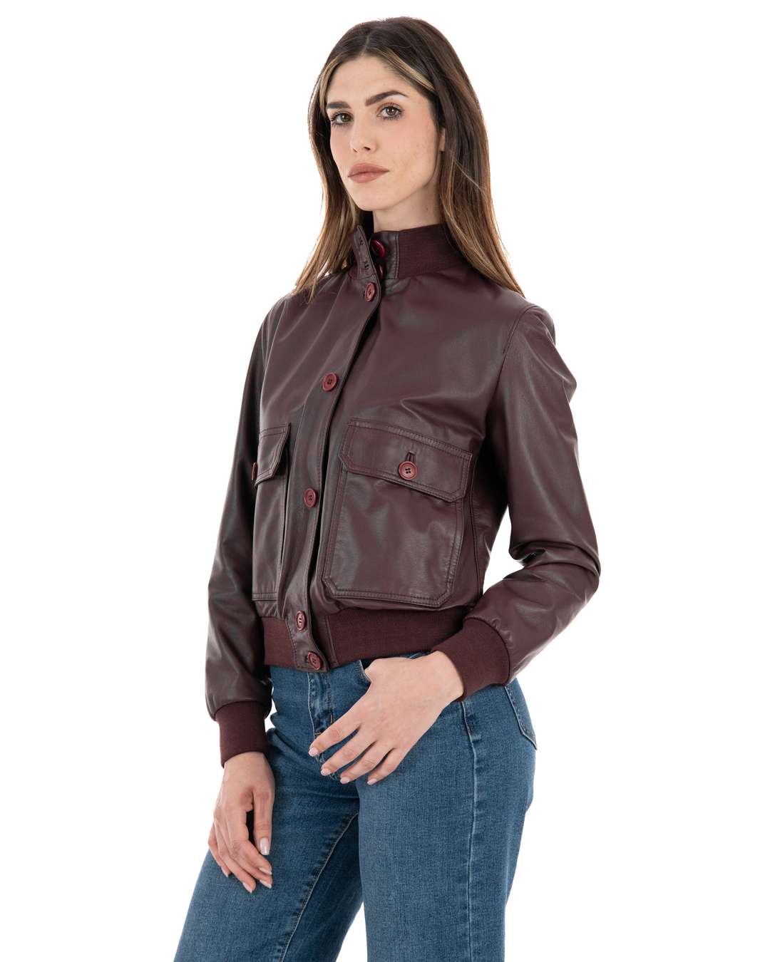 SARAH Bomber con bottoni da donna in vera pelle bordeaux
