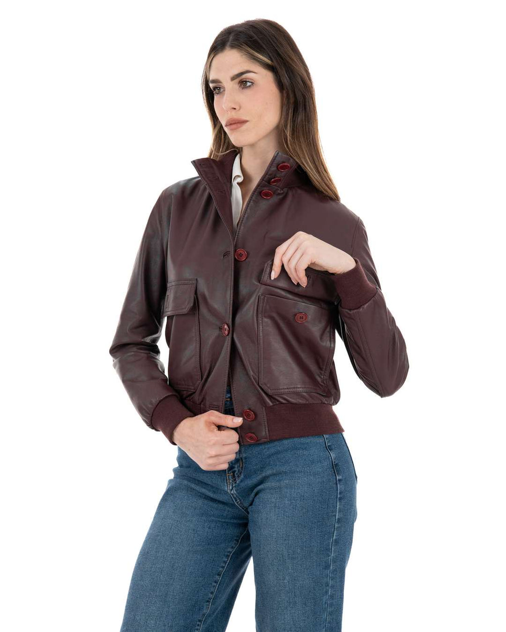 SARAH Bomber con bottoni da donna in vera pelle bordeaux