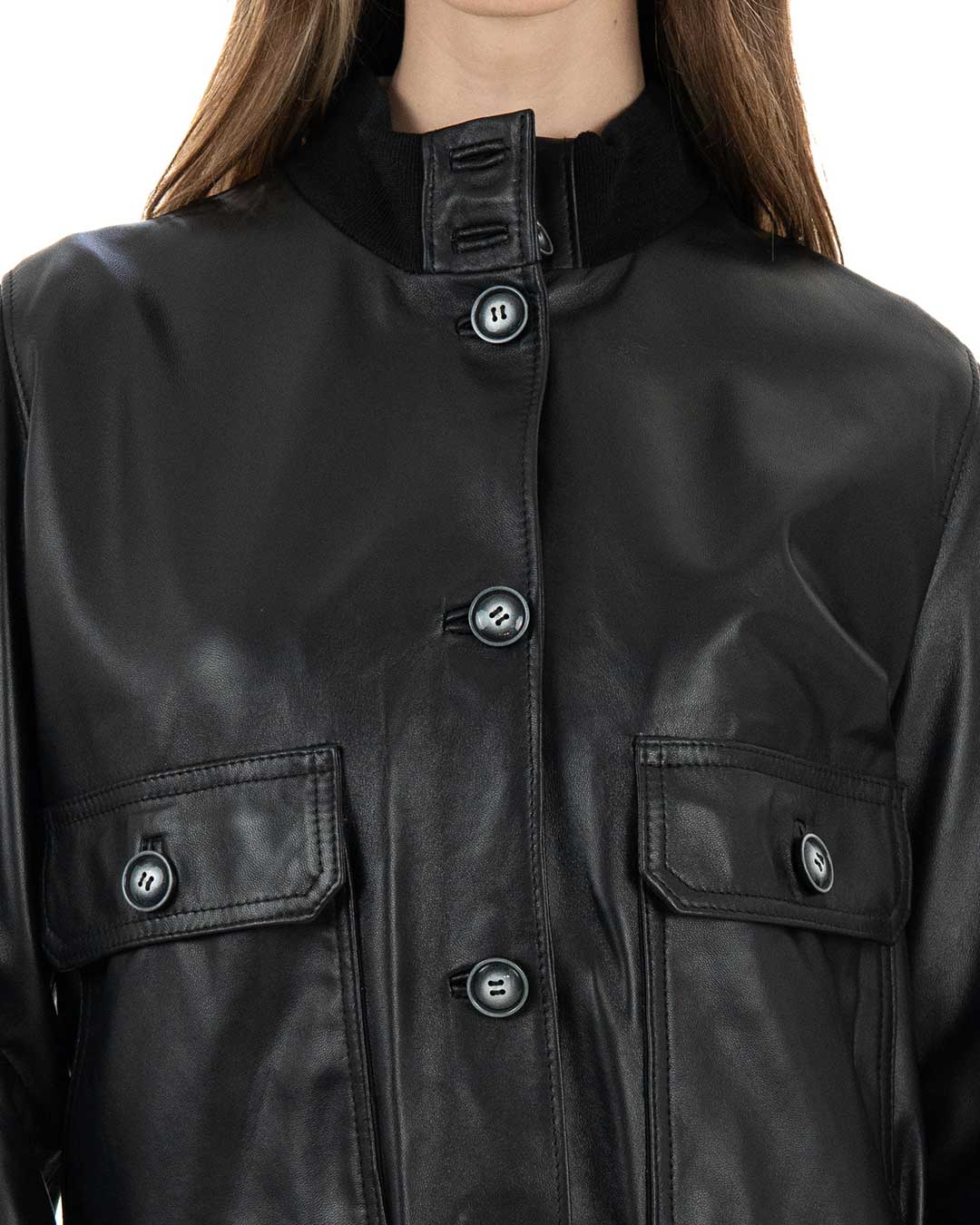 SARAH Bomber con bottoni da donna in vera pelle nero