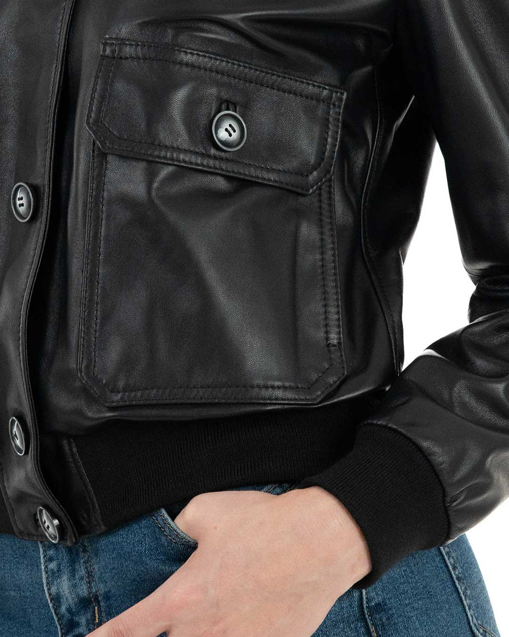 SARAH Bomber con bottoni da donna in vera pelle nero