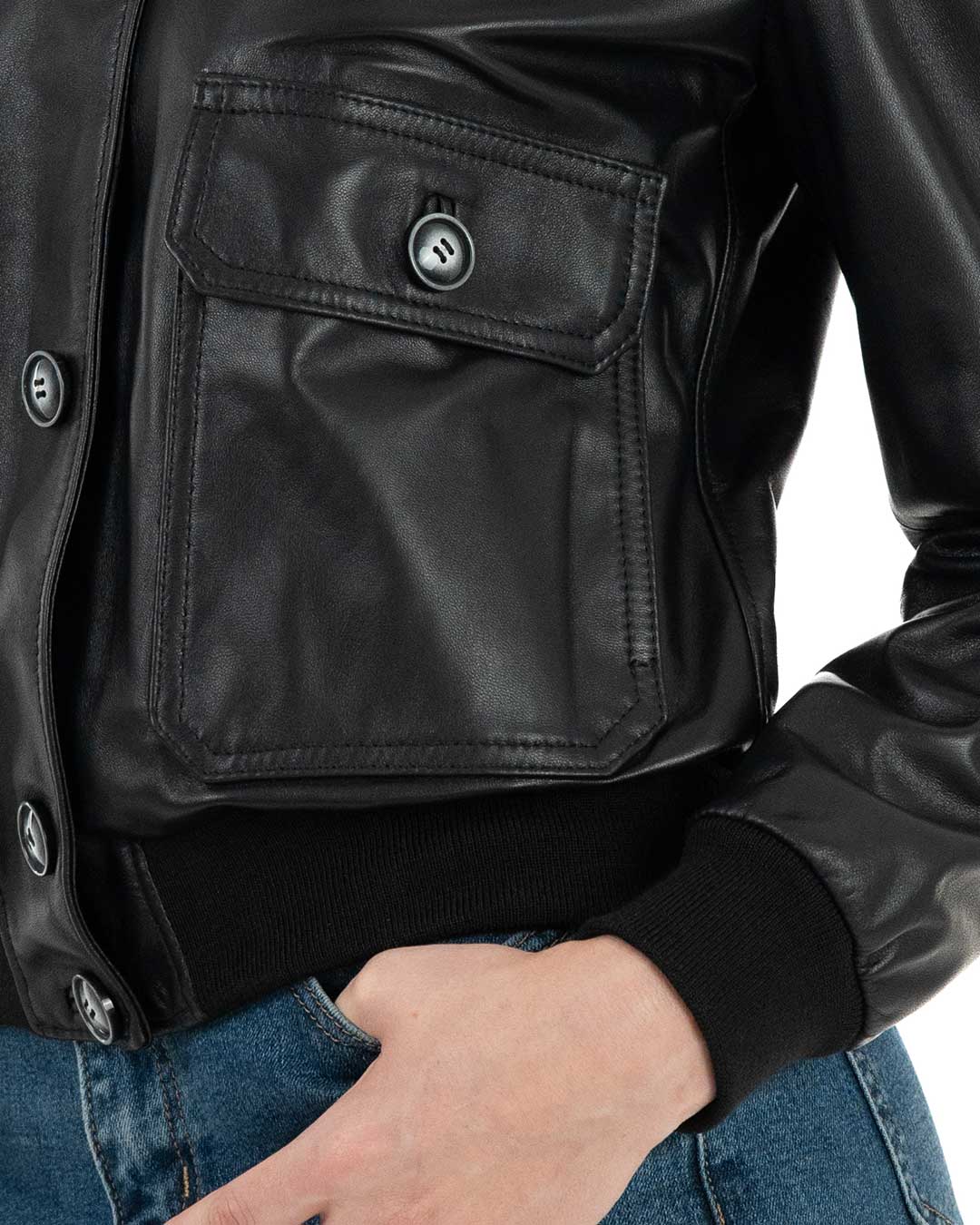 SARAH Bomber con bottoni da donna in vera pelle nero