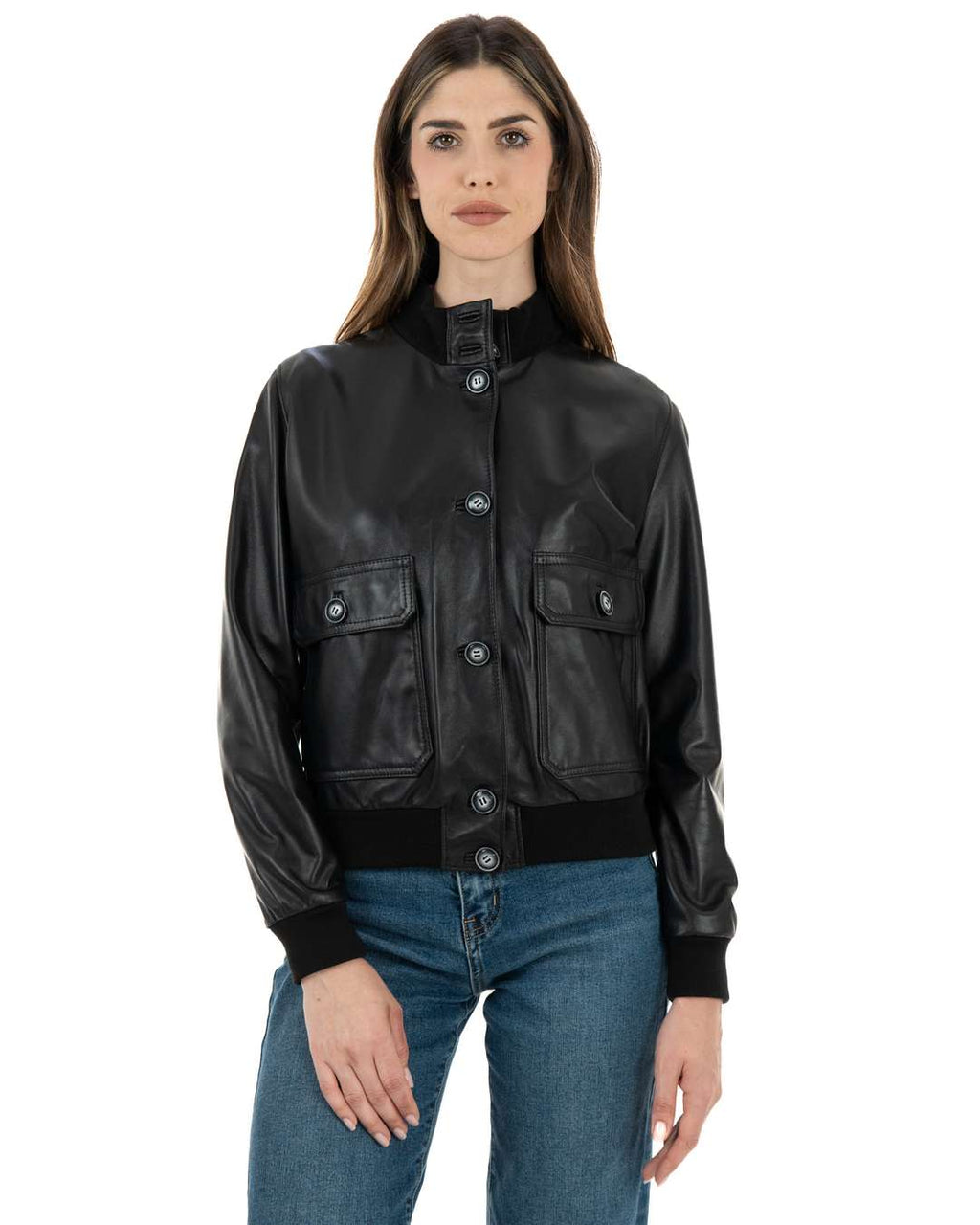 Bomber con bottoni da donna in vera pelle nero